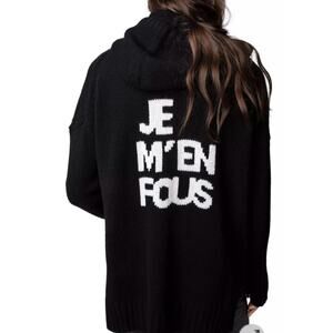 ZADIG & VOLTAIRE Salma We Amour Je M'en Fous Wool Knit Zip Hoodie Sz M Black
